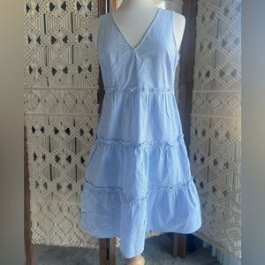 J. Crew Seersucker Blue and White Striped Ruffle Tiered Dress